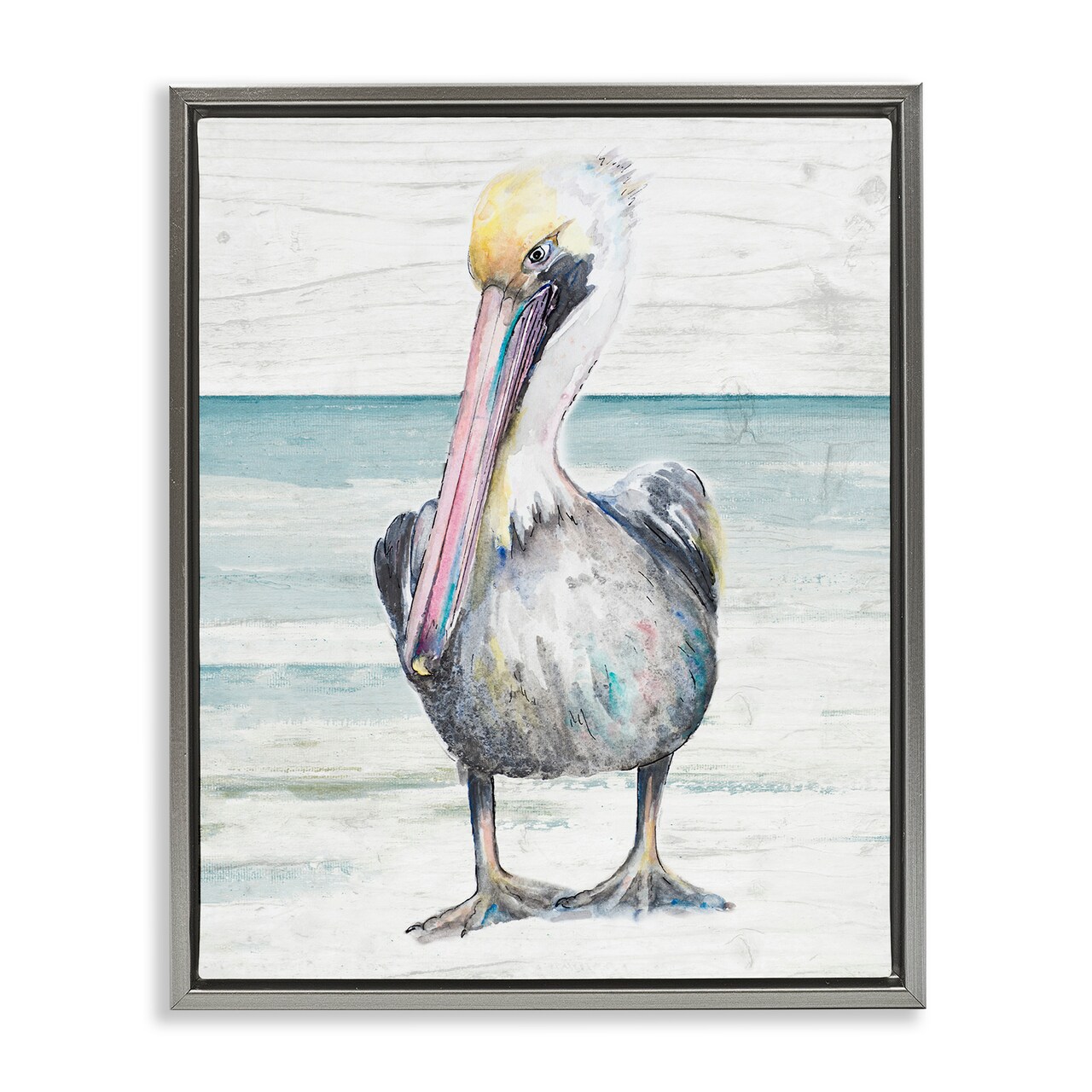 Stupell Industries Pelican Bird Standing on Beach Framed Floater Canvas Wall Art